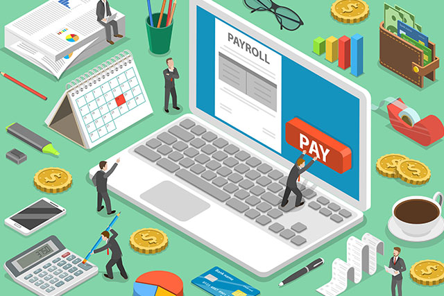 Payroll illustration of salary payment, financial calendar, expenses calculator.